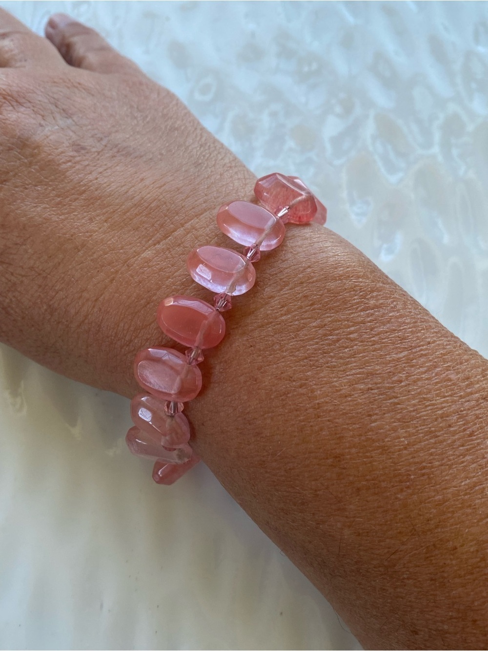 Rose Quartz Bead hand strung Bracelet with crystal accents. Fit up to 7.5 inches - Picture 6 of 10